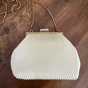 Vintage Chic Ivory Pleated Clutch with Gold Accents